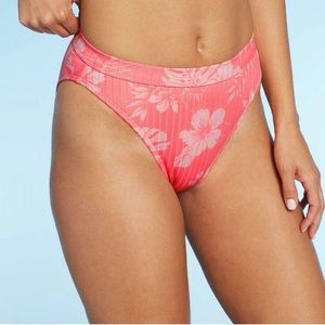 👙NEW Xhilaration Neon Pink Floral Ribbed High Leg High Waisted Bikini M